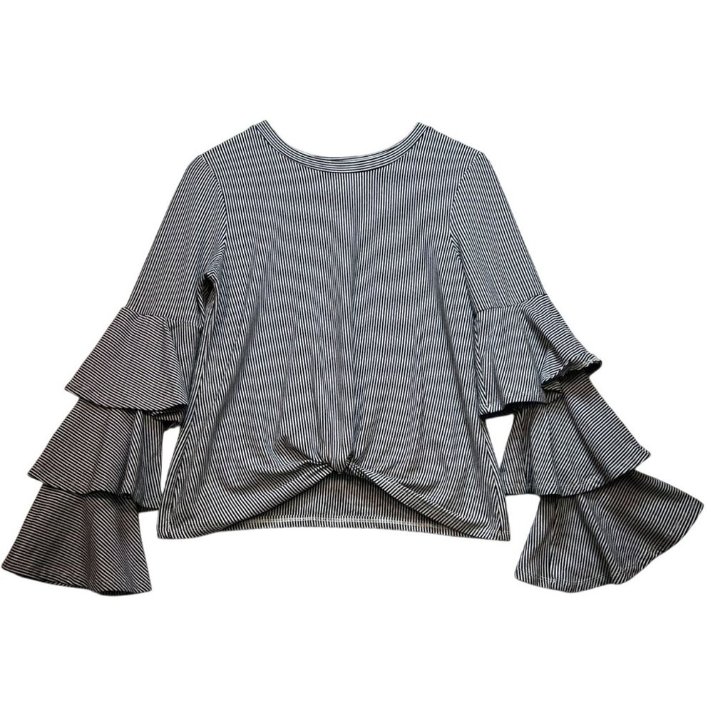 Belle & Sky Women's Twist Front Top Tiered Bell Sleeve Size M Black White Stripe